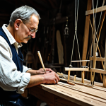 A professional Czech master artisan meticulously carving a traditional wooden marionette puppet in a rustic, dimly lit workshop in Prague. The artisan is focused, wearing modest, appropriate attire. Tools and unfinished puppet parts are visible on a wooden workbench. The workshop has an authentic, centuries-old atmosphere with historical details on the walls. High quality, cinematic lighting, perfect anatomy, well-formed hands, correct proportions, natural pose, fully clothed, professional dress, safe for work, appropriate content, family-friendly.