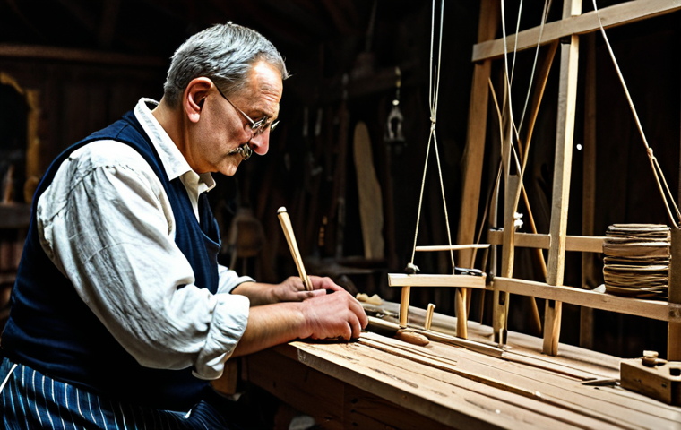 A professional Czech master artisan meticulously carving a traditional wooden marionette puppet in a rustic, dimly lit workshop in Prague. The artisan is focused, wearing modest, appropriate attire. Tools and unfinished puppet parts are visible on a wooden workbench. The workshop has an authentic, centuries-old atmosphere with historical details on the walls. High quality, cinematic lighting, perfect anatomy, well-formed hands, correct proportions, natural pose, fully clothed, professional dress, safe for work, appropriate content, family-friendly.